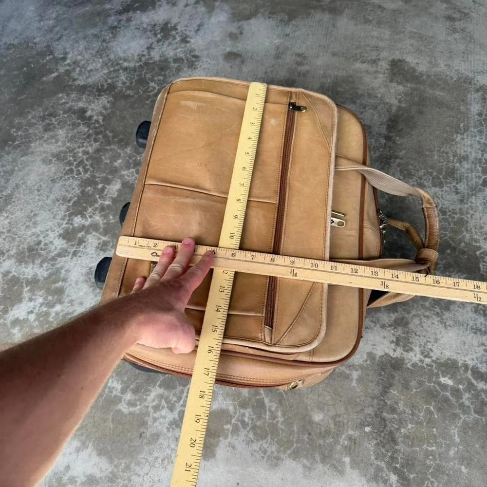 Vintage Natural Tan leather rolling luggage carry on suit case duffle bag